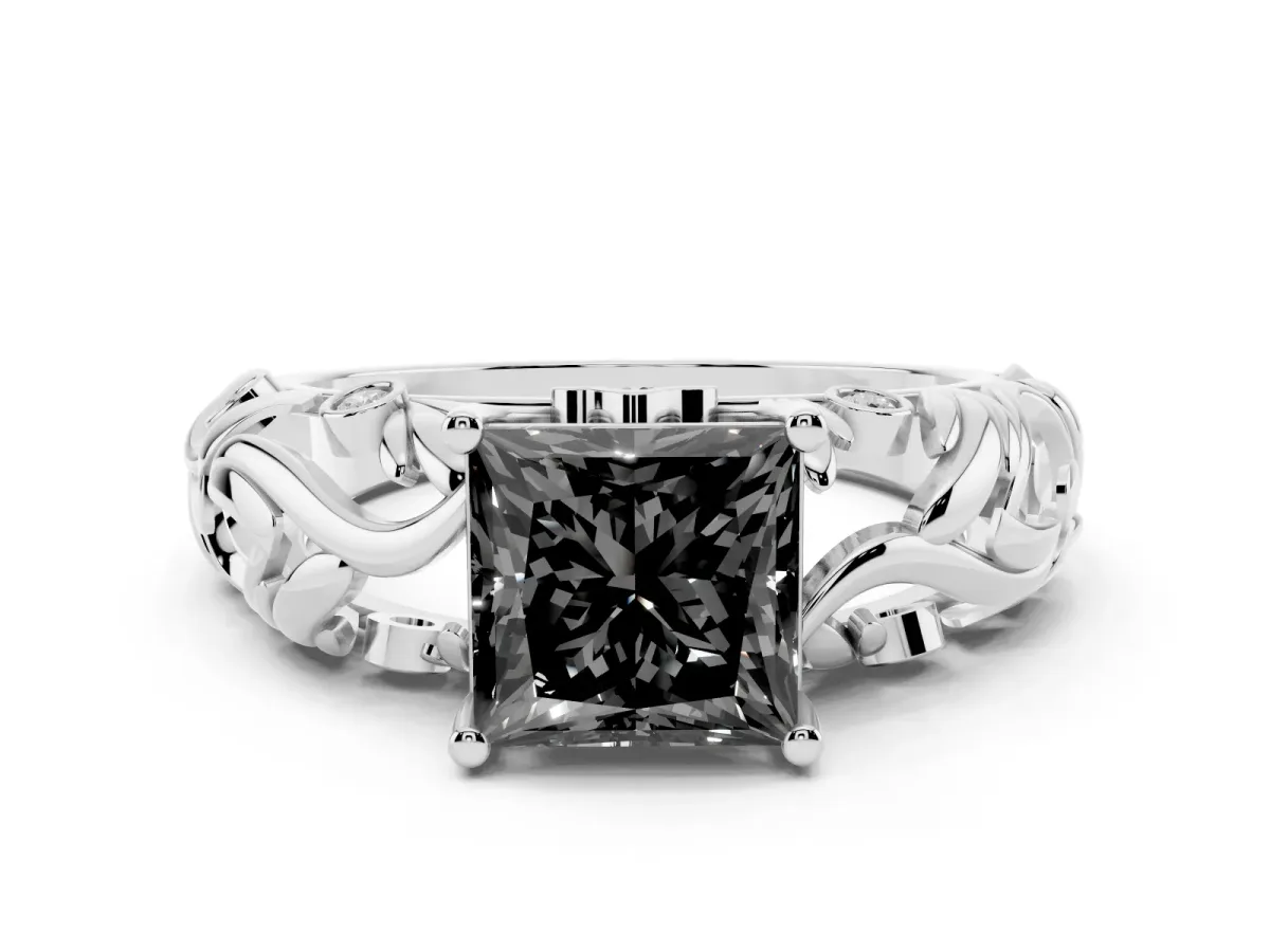 Fancy Black Princess Cut Solitaire Diamond Leaf-Inspired Vine Band Ring with Prong Setting Silver
