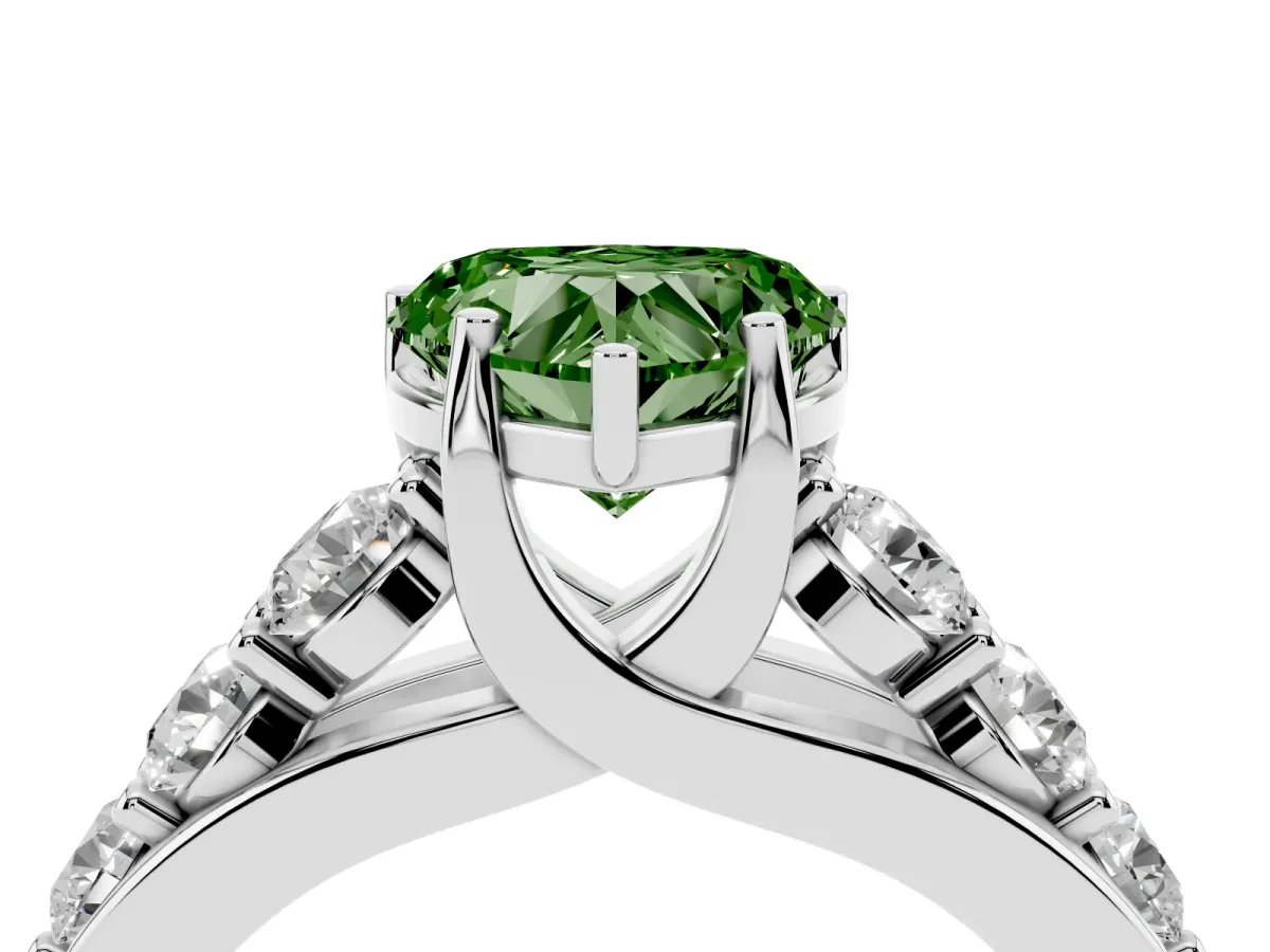 Fancy Green Heart Cut Diamond Engagement Ring with Pavé Band and Four-Prong Setting Silver