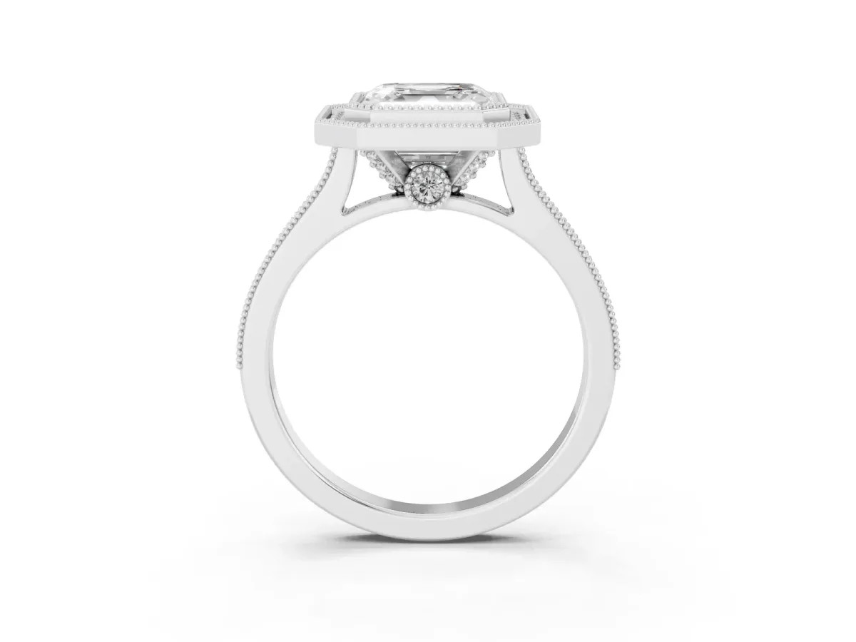 Halo Asscher Cut-Cut Diamond Pave Band Milgrain Prong Setting Ring Silver