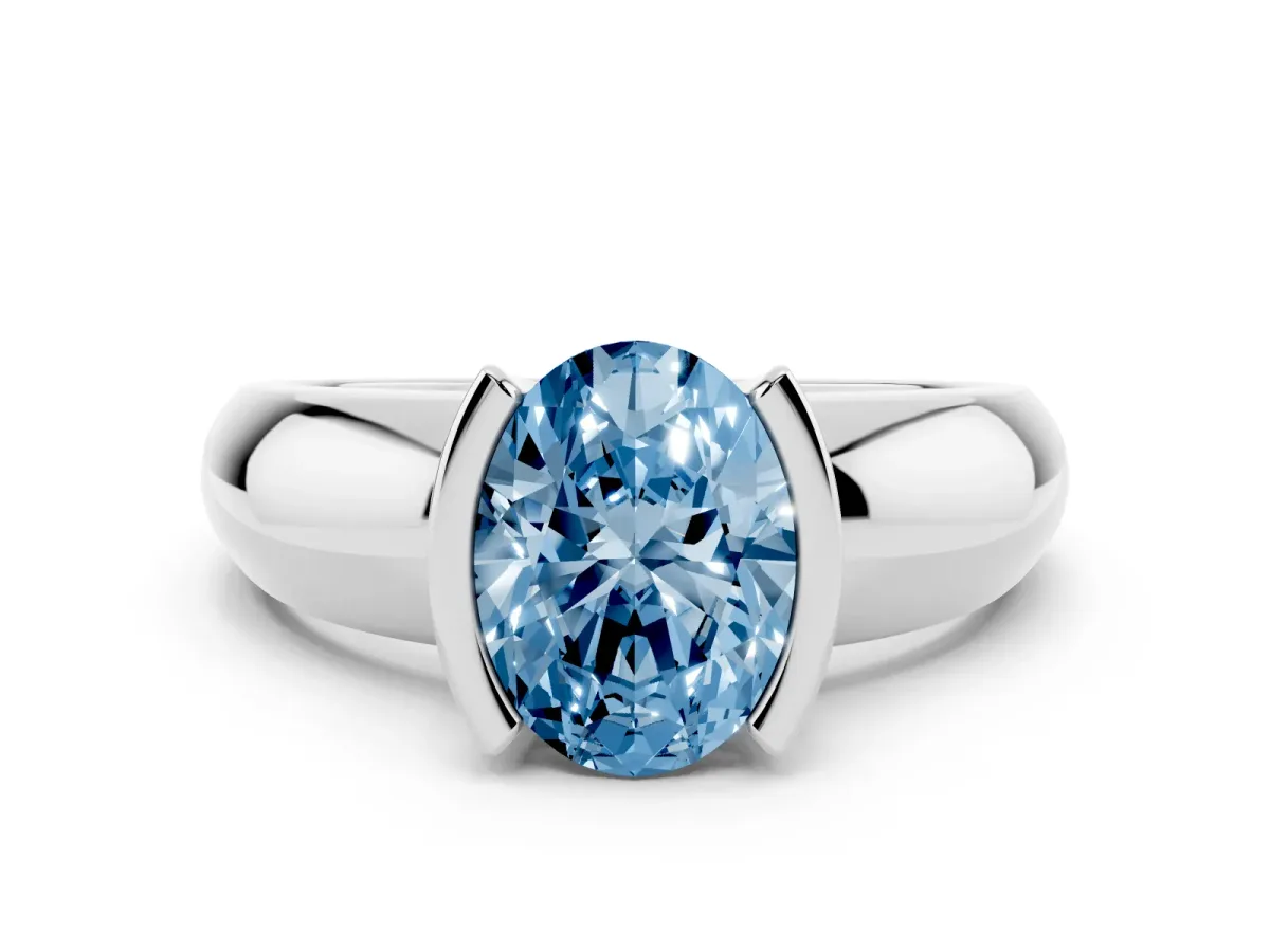 Fancy Blue Oval Cut Solitaire Tension Set Diamond Ring with Wide Band Silver