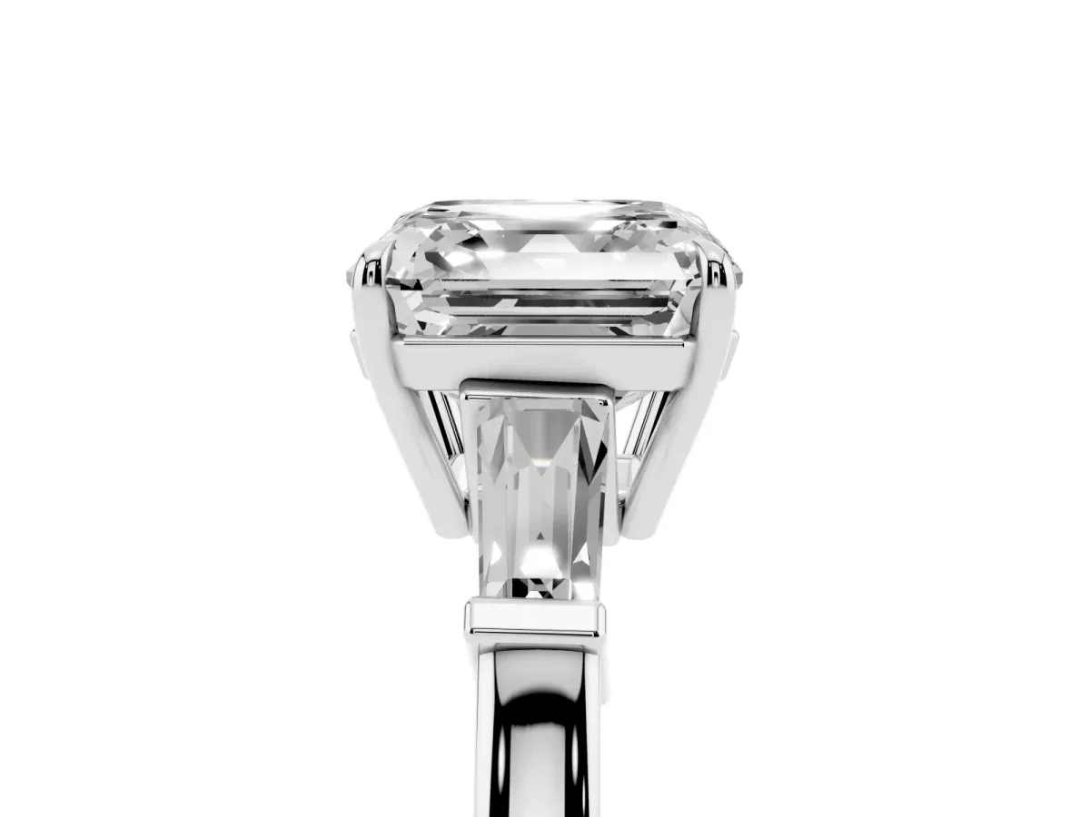 Asscher Cut Diamond Three-Stone Ring with Tapered Baguette Side Stones and Prong Setting Silver