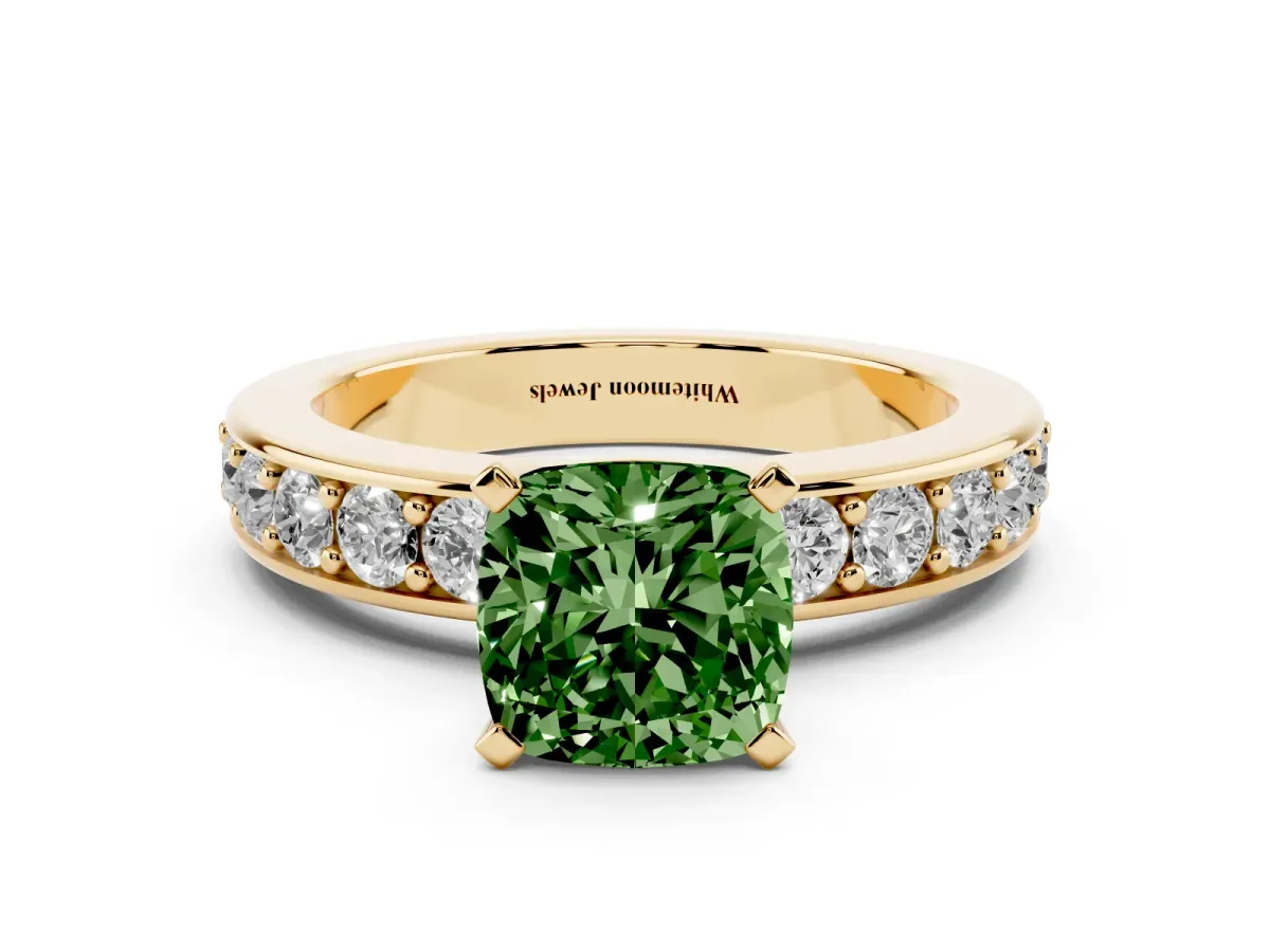 Fancy Green Cushion Cut Diamond Engagement Ring with Channel Set Round Band and Prong Setting Yellow gold