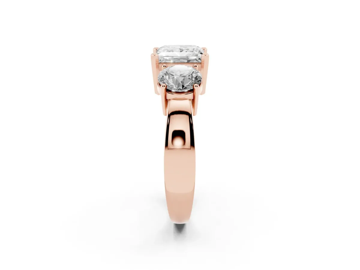 Three-Stone Princess Cut Diamond Ring with Round Side Stones, Classic Band, and Four-Prong Setting Rose gold