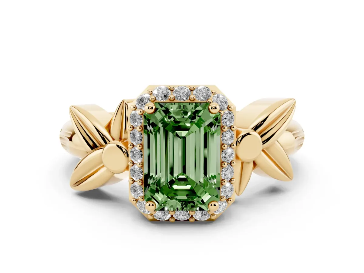 Fancy Green Emerald Cut Halo Diamond Floral Band with Four-Prong Setting Yellow gold