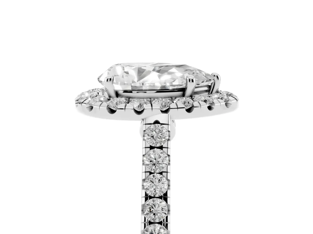 Pear Cut Halo Pave Diamond Engagement Ring with Four-Prong Setting Platinum