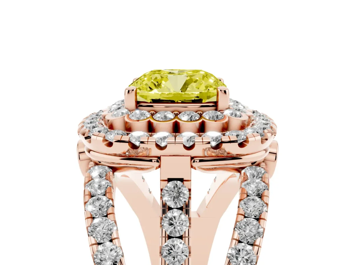 Fancy Yellow Cushion Cut Diamond Double Halo Ring with Round Pavé Split Shank and Prong Setting Rose gold