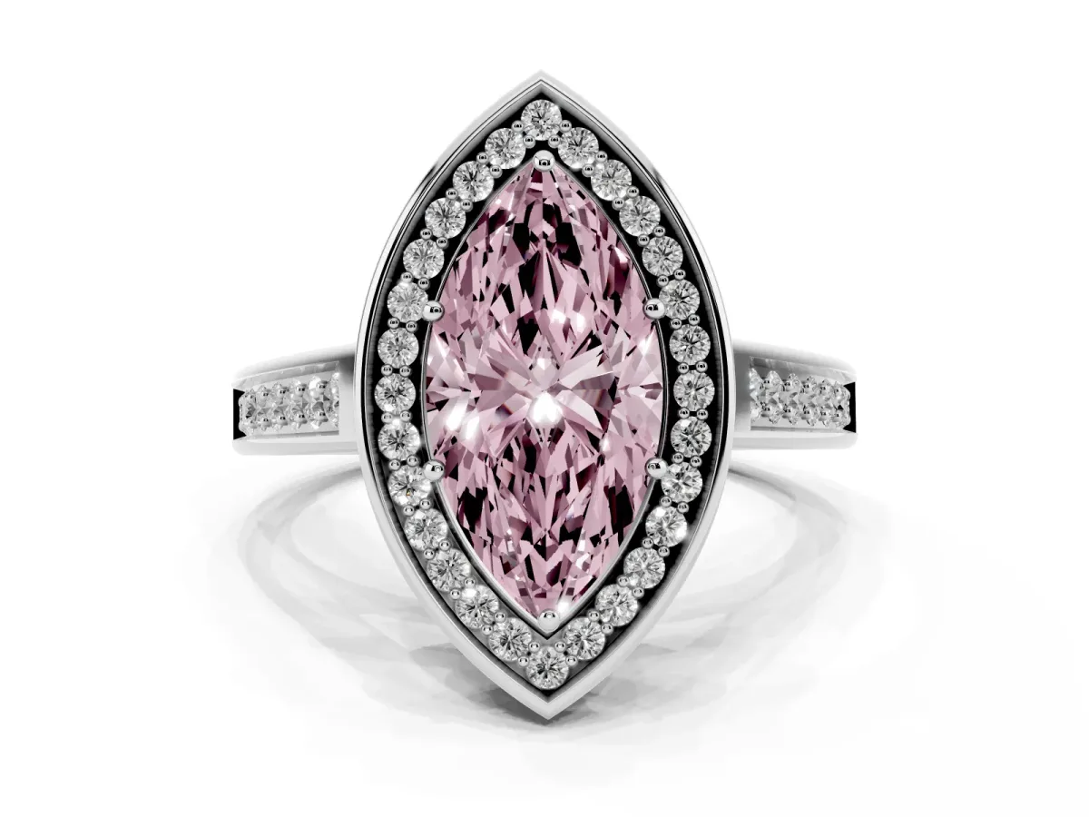 Fancy Pink Marquise Cut Halo Solitaire Diamond Ring with Pave Band and Bezel Setting White gold
