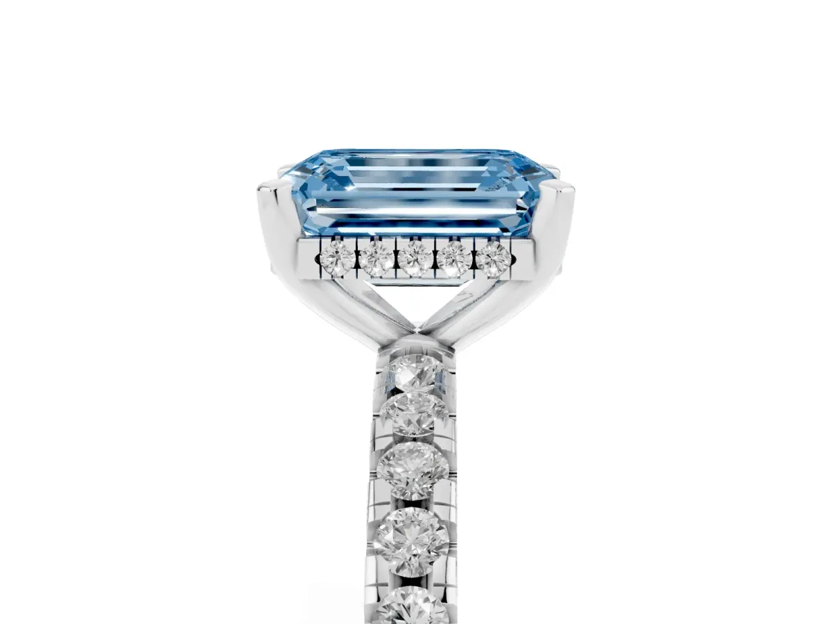 Fancy Blue Emerald Cut Diamond Solitaire Ring with Round Pavé Band and Four-Prong Setting Silver