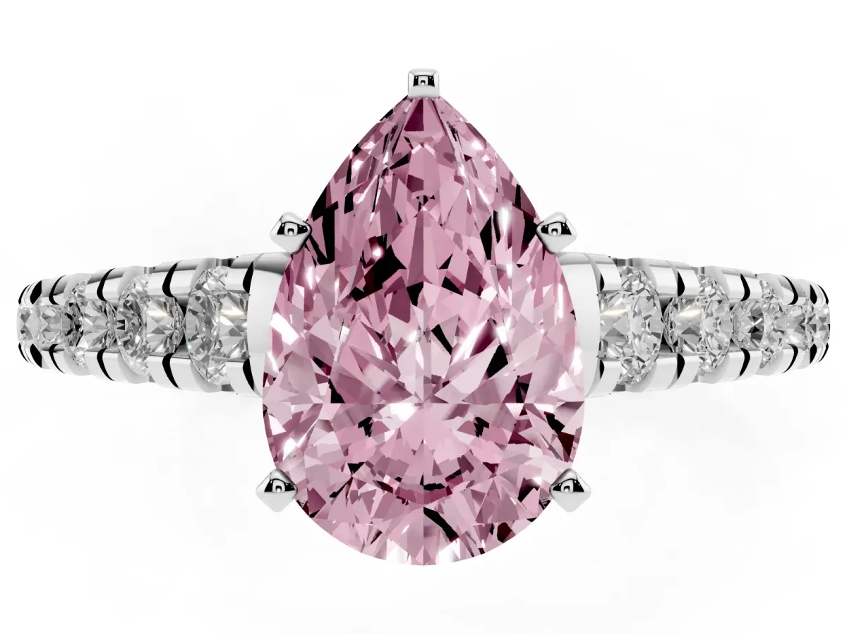 Fancy Pink Pear Cut Diamond Cathedral Solitaire Ring with Round Pavé Band Silver