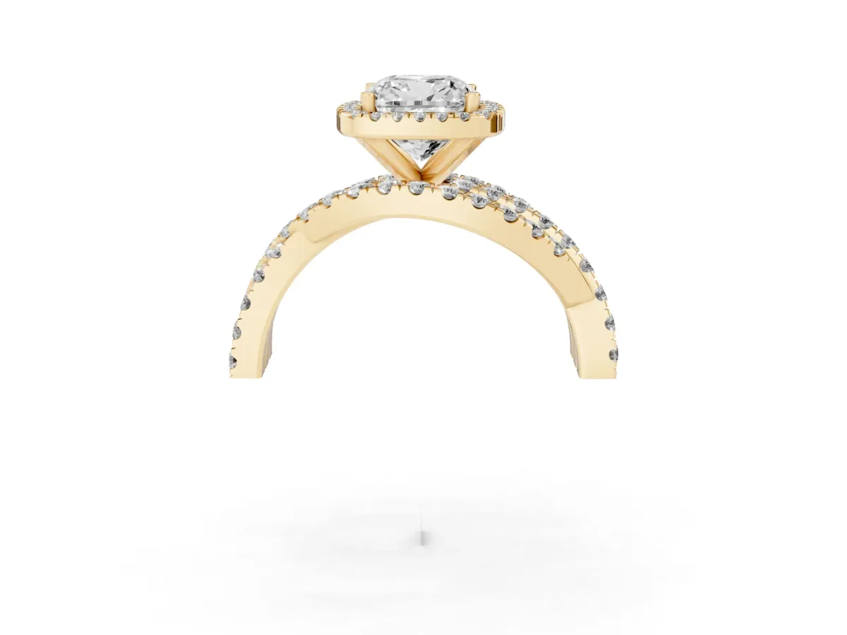 Cushion Cut Diamond Halo Ring with Round Split Shank and Prong Setting Yellow gold