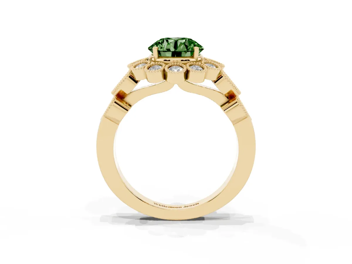 Fancy Green Round Cut Brilliant Milgrain Pave Heart Band Solitaire Ring Yellow gold