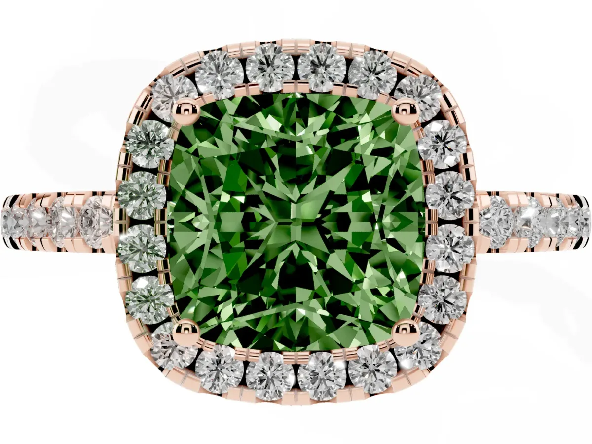 Fancy Green Cushion Cut Halo Diamond Engagement Ring with Pavé Band and Four-Prong Setting Rose gold