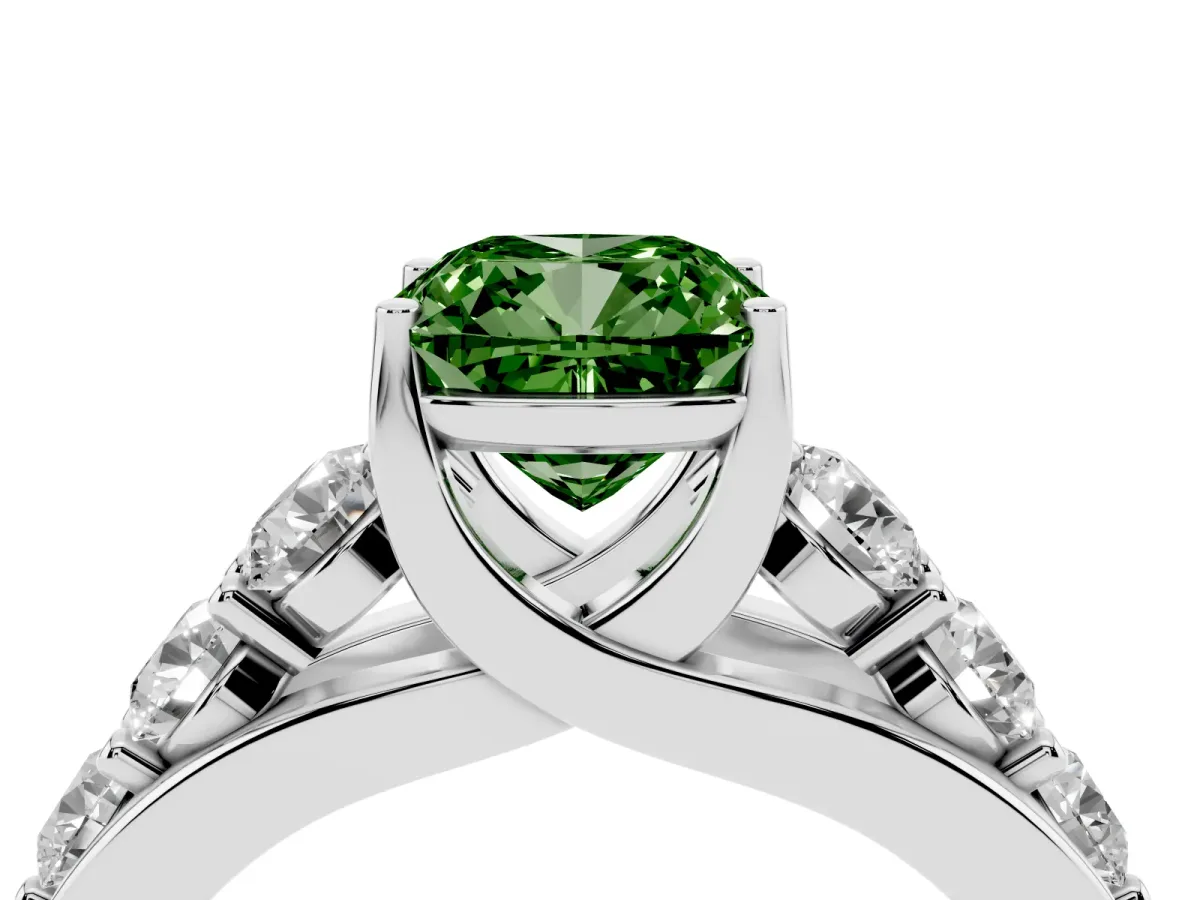 Fancy Green Cushion Cut Diamond Engagement Ring with Pavé Band and Four-Prong Setting Platinum