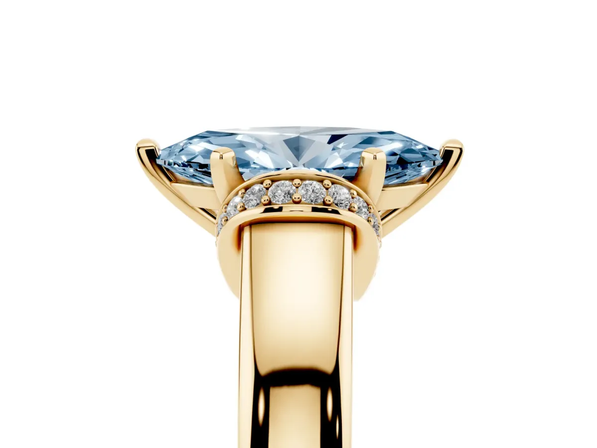 Fancy Blue Marquise Cut Solitaire Diamond Ring with Pave Band and Six-Prong Setting Yellow gold