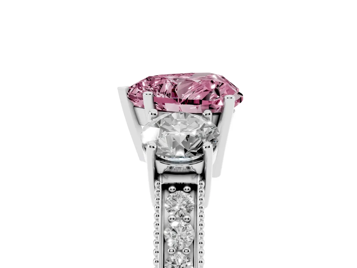 Fancy Pink Heart Cut Three-Stone Diamond Ring with Pavé Band and Four-Prong Setting Silver