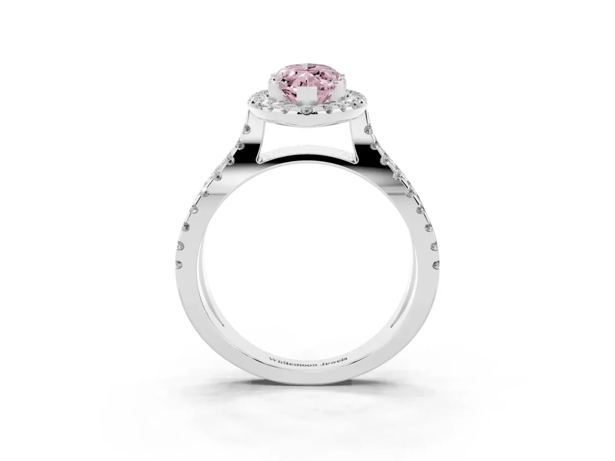 Fancy Pink Marquise Cut Diamond Halo Ring with Split Shank Pavé Band and Prong Setting Silver