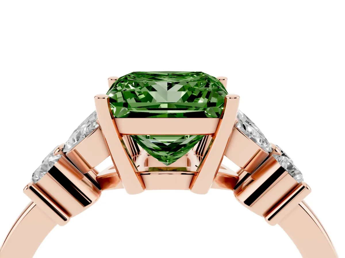 Fancy Green Princess Cut Diamond Floral Cluster Ring with Solitaire Band and Prong Setting Rose gold
