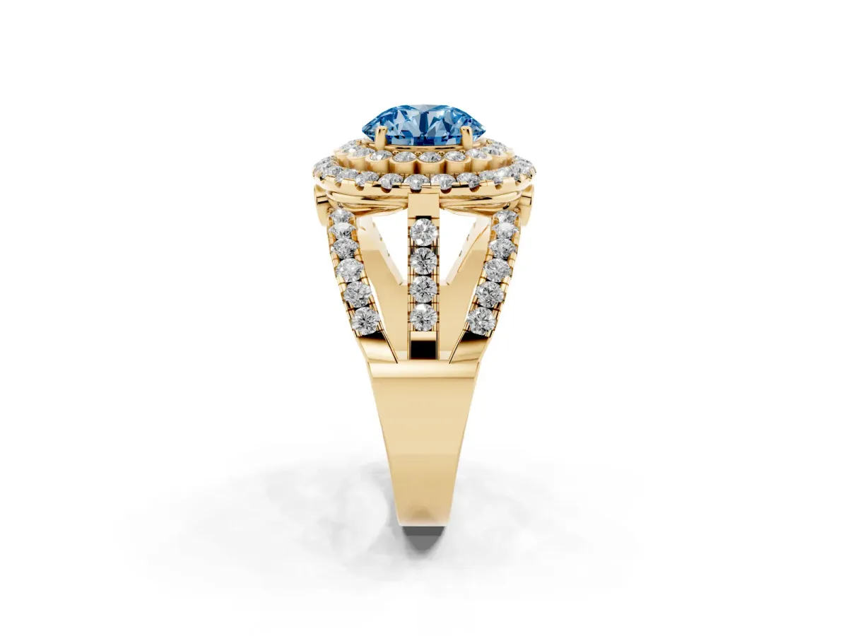 Fancy Blue Round Cut Diamond Double Halo Ring with Round Pavé Split Shank and Prong Setting Yellow gold