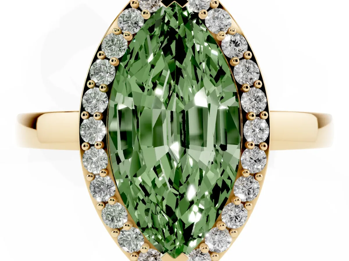 Fancy Green Marquise Cut Halo Diamond Ring with Solitaire Band and Prong Setting Yellow gold