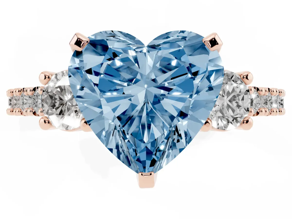 Fancy Blue Heart Cut Three-Stone Diamond Pavé Band with Prong Setting Rose gold