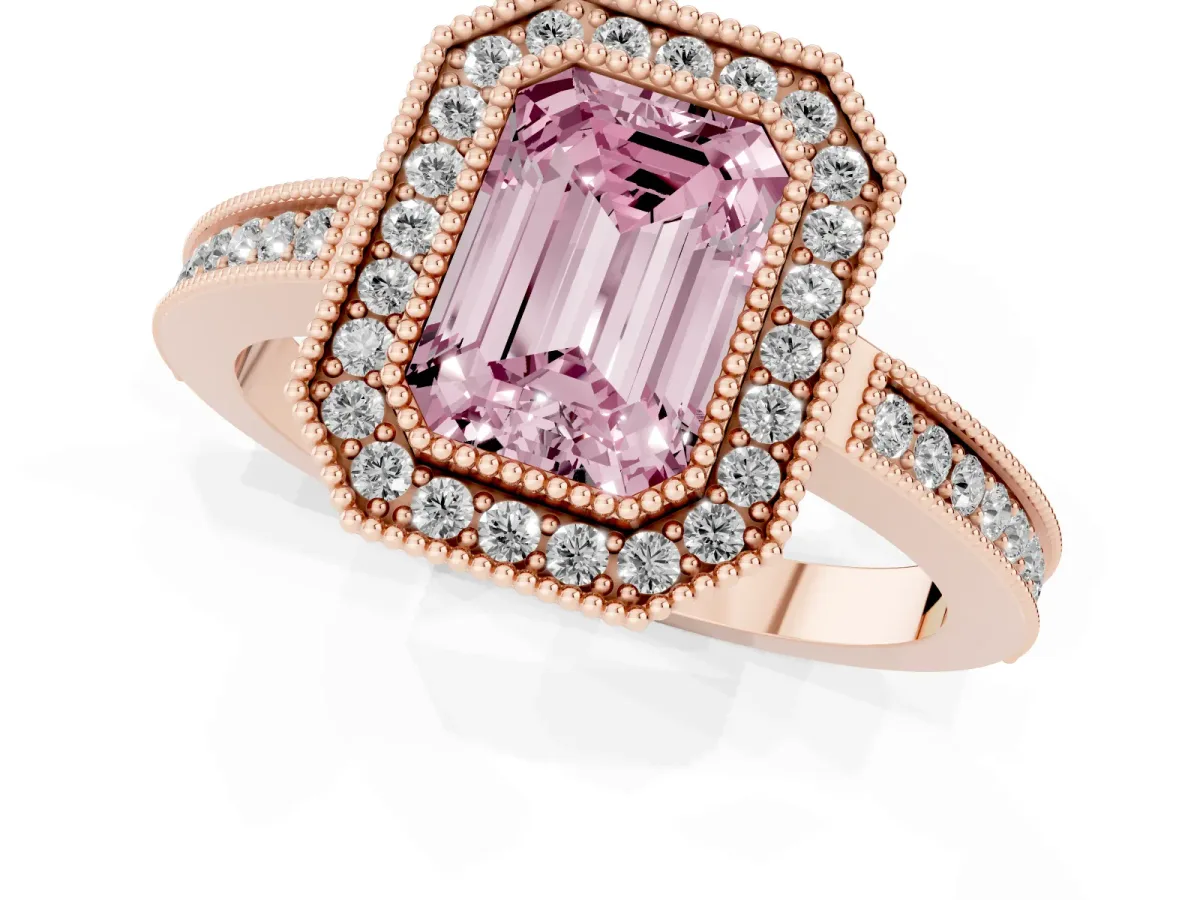 Fancy Pink Emerald Cut Cut Halo Diamond Ring with Pavé Band and Milgrain Prong Setting Rose gold