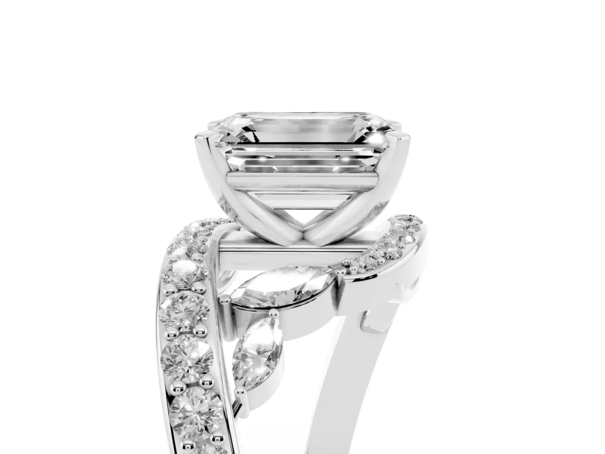 Emerald Cut Solitaire with Pavé Twist Band and Four-Prong Setting Silver