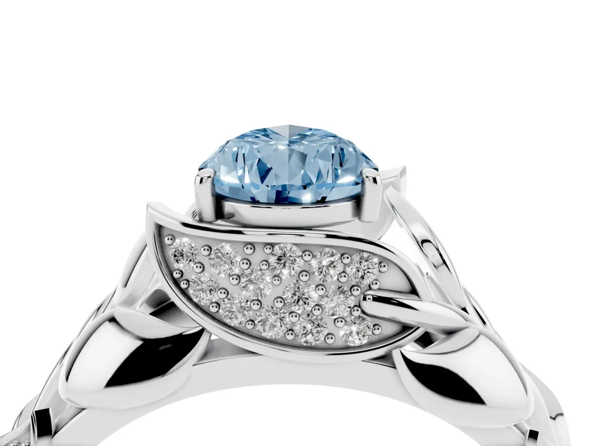 Fancy Blue Pear Cut Diamond Leaf-Inspired Engagement Ring with Round Accents and Prong Setting Silver