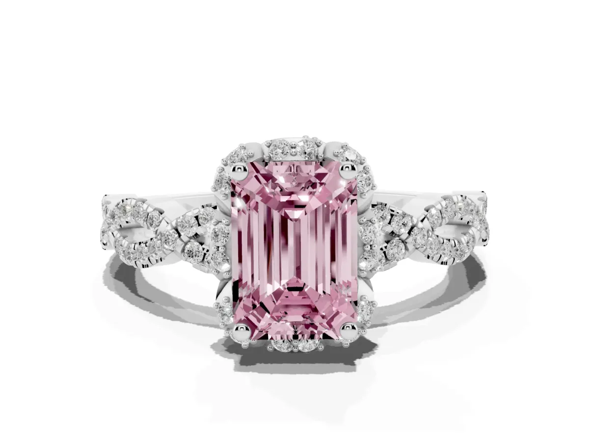 Fancy Pink Emerald Cut Halo Twist Band Solitaire Ring with Six-Prong Setting Silver