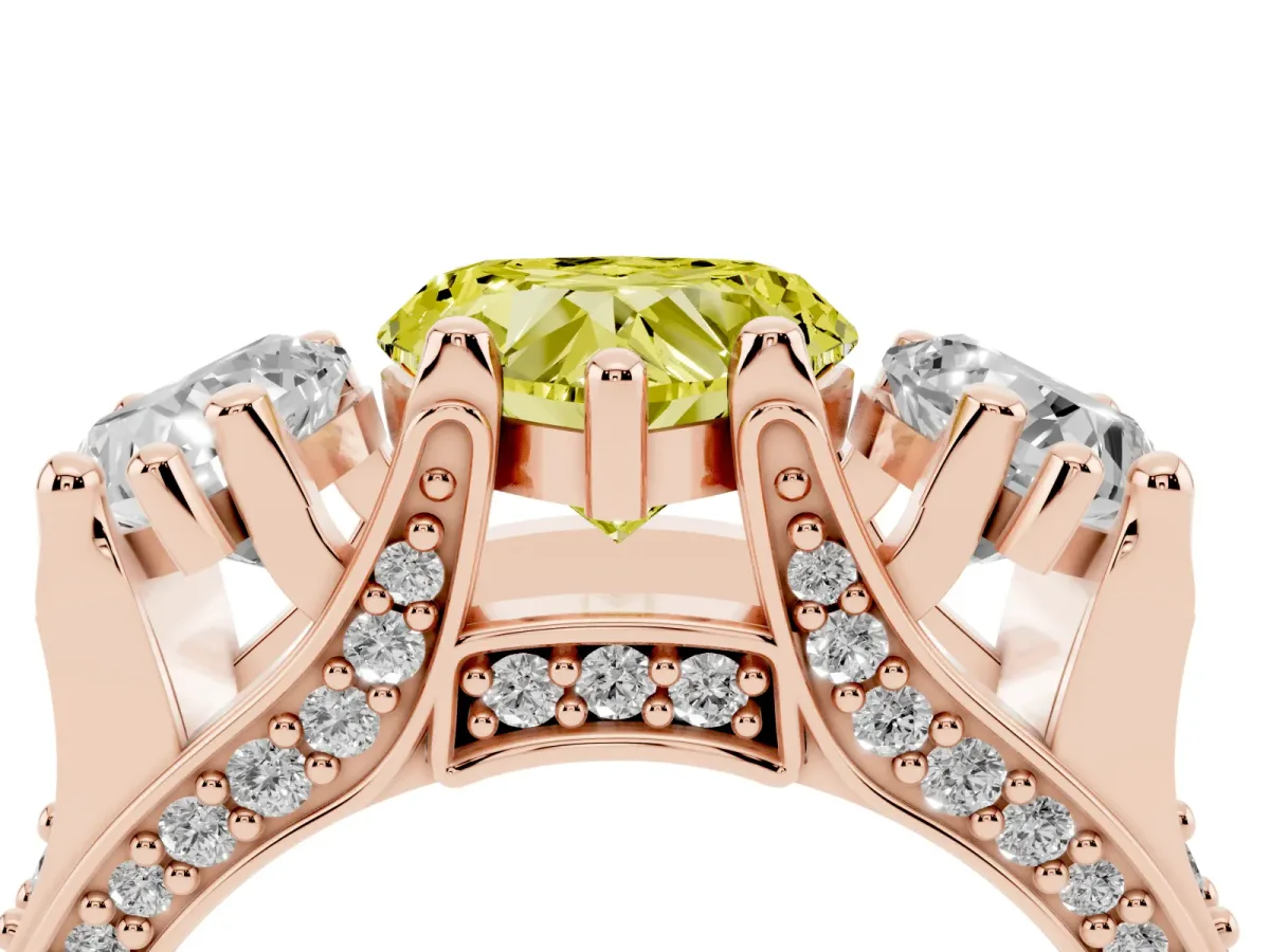 Fancy Yellow Heart Cut Diamond Three-Stone Ring with Channel Set Band and Four-Prong Setting Rose gold