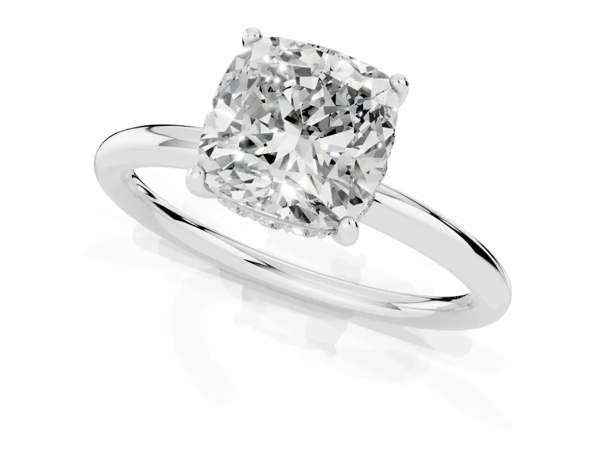 Cushion Cut Solitaire Diamond Ring with a Classic Band and Four-Prong Setting Silver