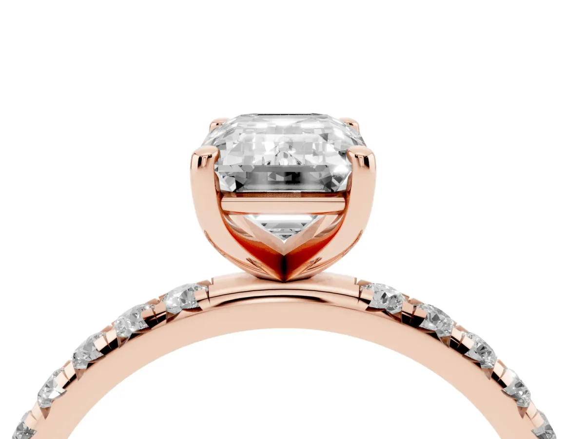 Emerald Cut Cut Diamond Solitaire Ring with Micro Pave Band and Four Prong Setting Rose gold
