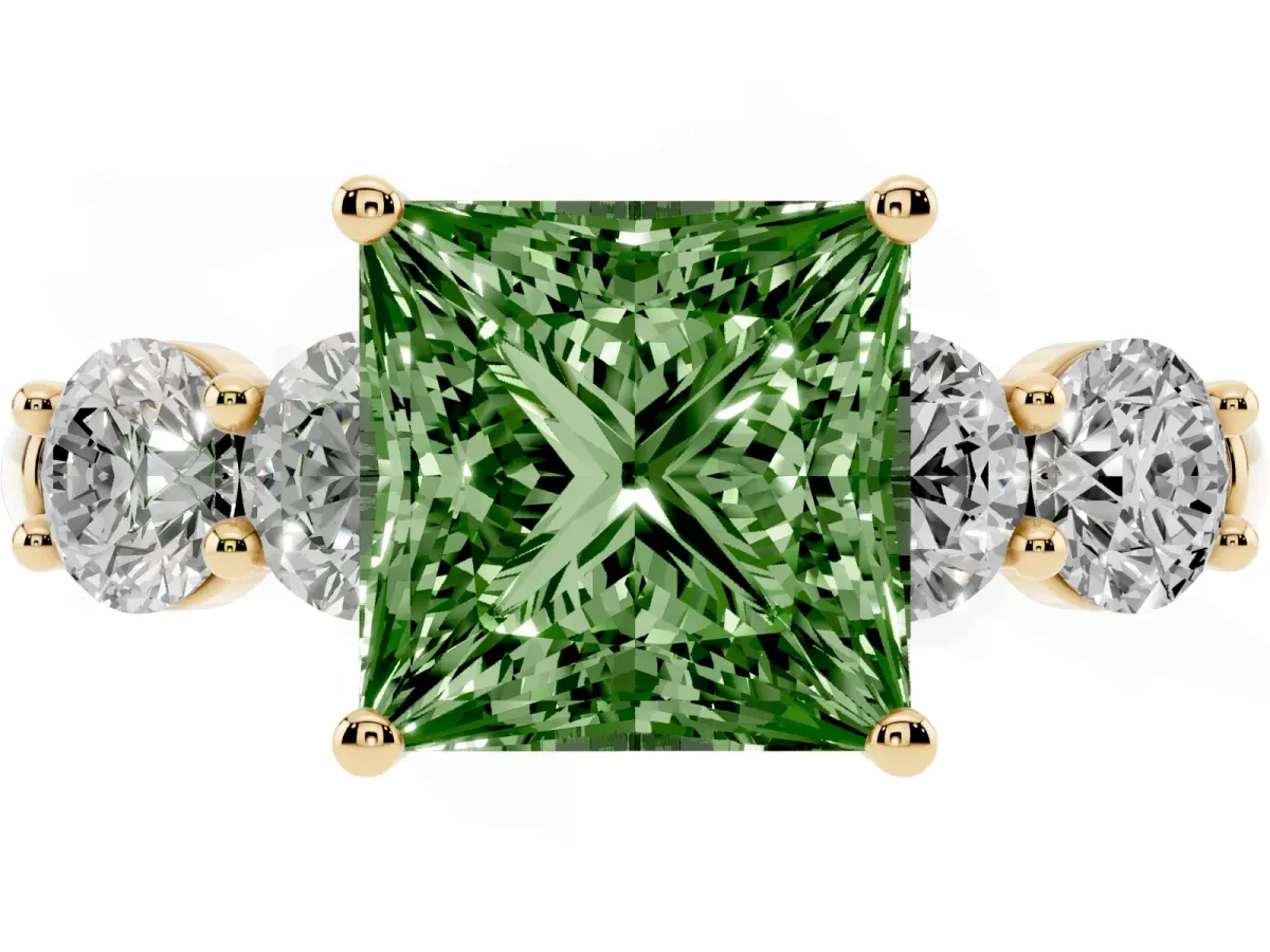 Fancy Green Princess Cut Cut Five-Stone Prong Set Diamond Ring with Classic Band Yellow gold