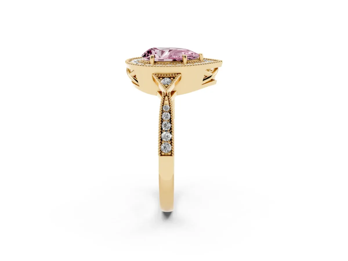 Fancy Pink Pear Cut Halo Round Diamond Milgrain Pave Engagement Ring Yellow gold