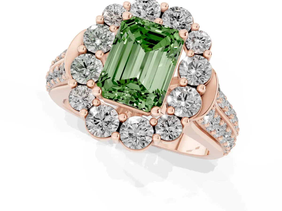 Fancy Green Emerald Cut Halo Diamond Engagement Ring with Split Shank and Prong Setting Rose gold