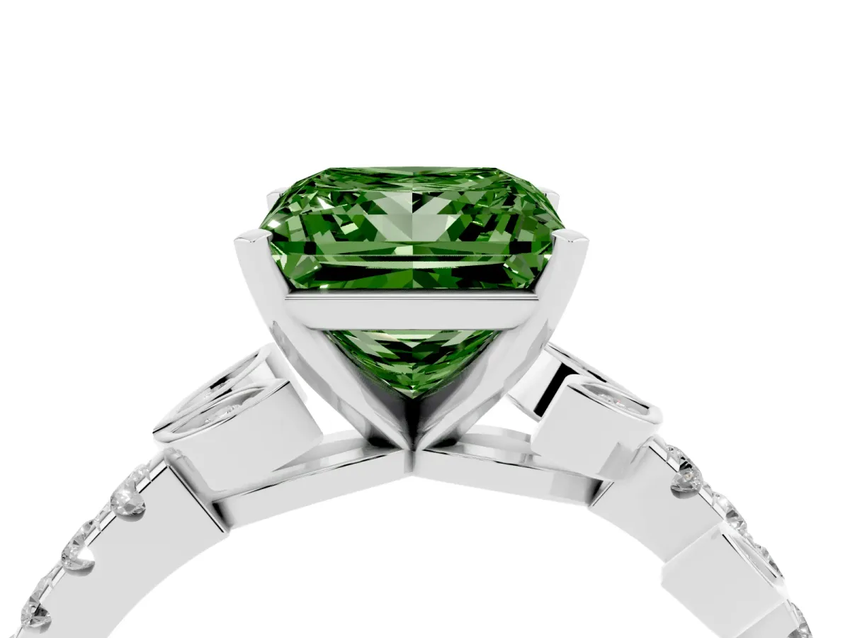 Fancy Green Princess Cut Solitaire Leaf-Inspired Diamond Ring with Pavé Band and Four-Prong Setting Platinum