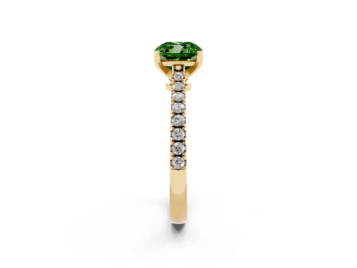 Fancy Green Cushion Cut Cut Solitaire Diamond Engagement Ring with Pave Band and Four-Prong Setting Yellow gold