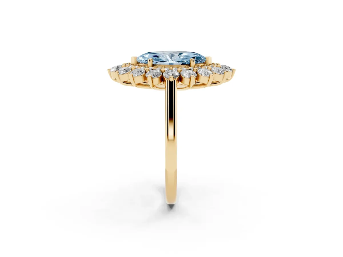 Fancy Blue Marquise Cut Diamond Floral Double Halo Engagement Ring with Prong Setting Yellow gold