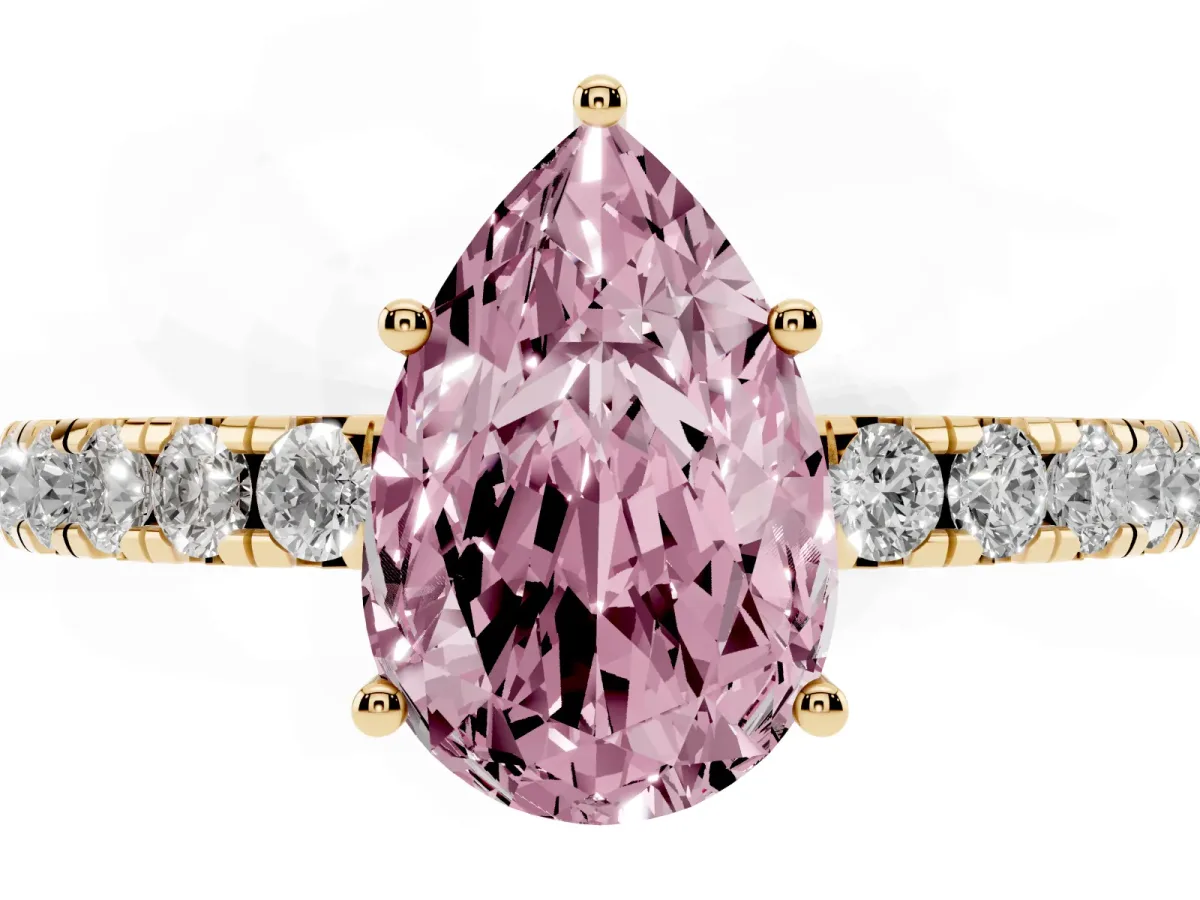 Fancy Pink Pear Cut Diamond Pavé Solitaire Engagement Ring with Four-Prong Setting Yellow gold