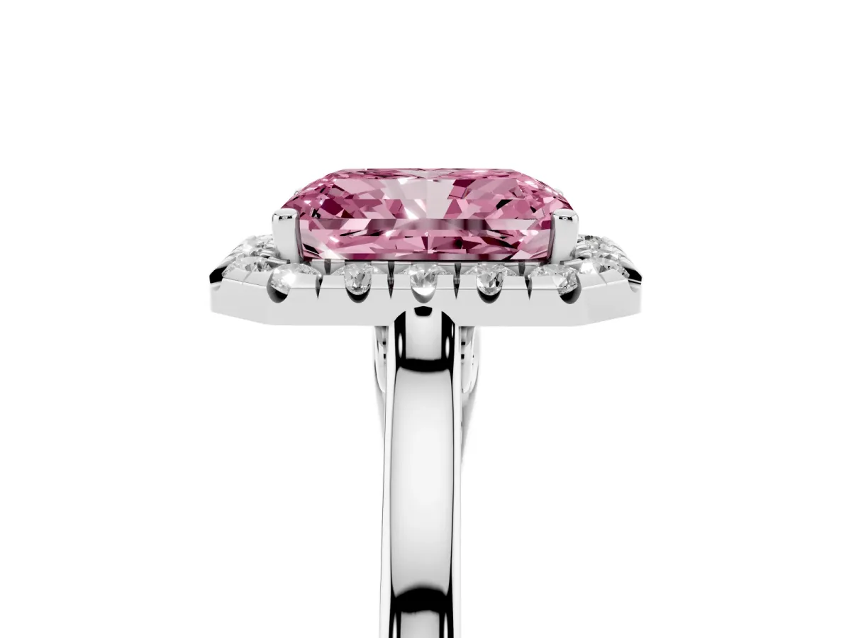 Fancy Pink Radiant Cut Halo Round Diamond Solitaire Ring with Pavé Band and Four-Prong Setting Silver