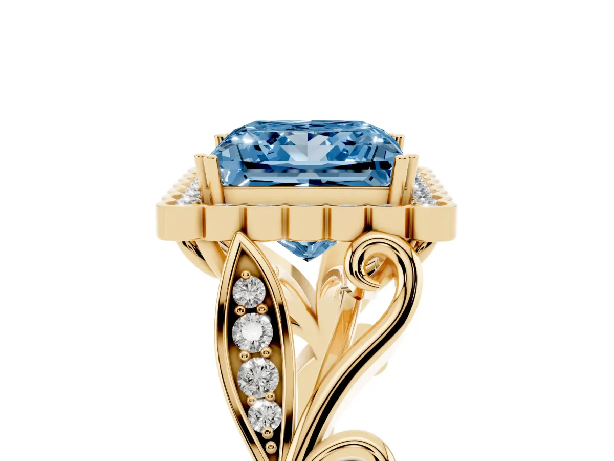 Fancy Blue Princess Cut Diamond Halo Ring with Vintage Split Shank and Four-Prong Setting Yellow gold