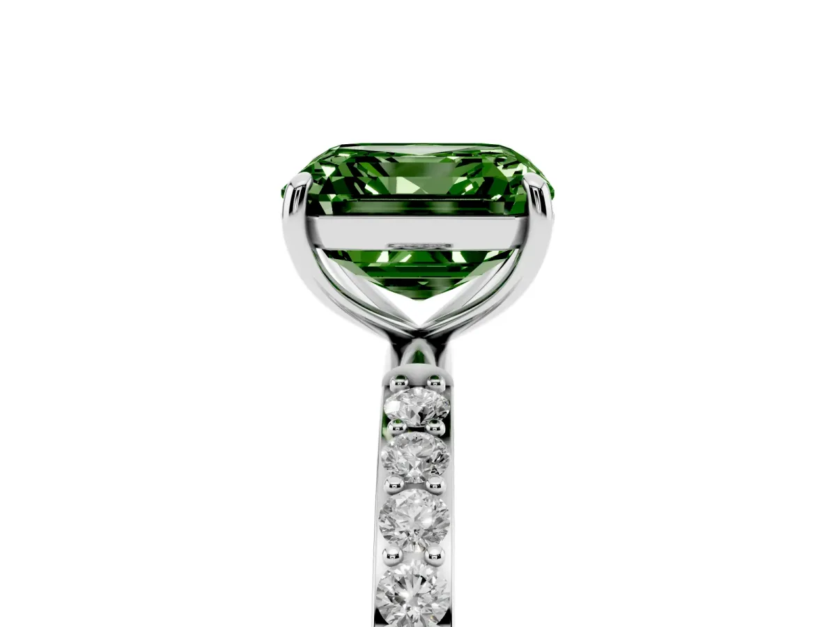 Fancy Green Asscher Cut Diamond Solitaire Ring with Round Pavé Shoulders and Prong Setting Silver