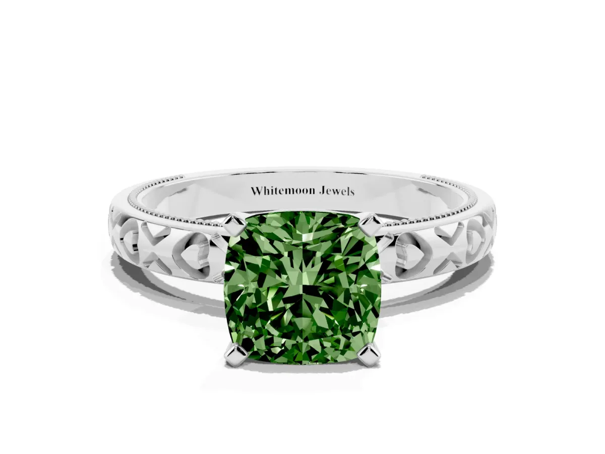 Fancy Green Cushion Cut Solitaire Diamond Engagement Ring with XO Engraved Band and Four-Prong Setting Platinum