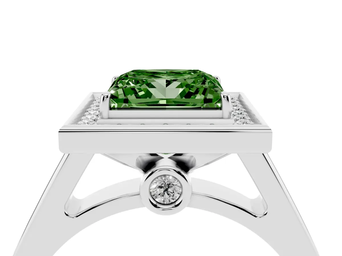 Fancy Green Princess Cut Halo Solitaire Diamond Ring with Pave Band and Bezel Setting Silver