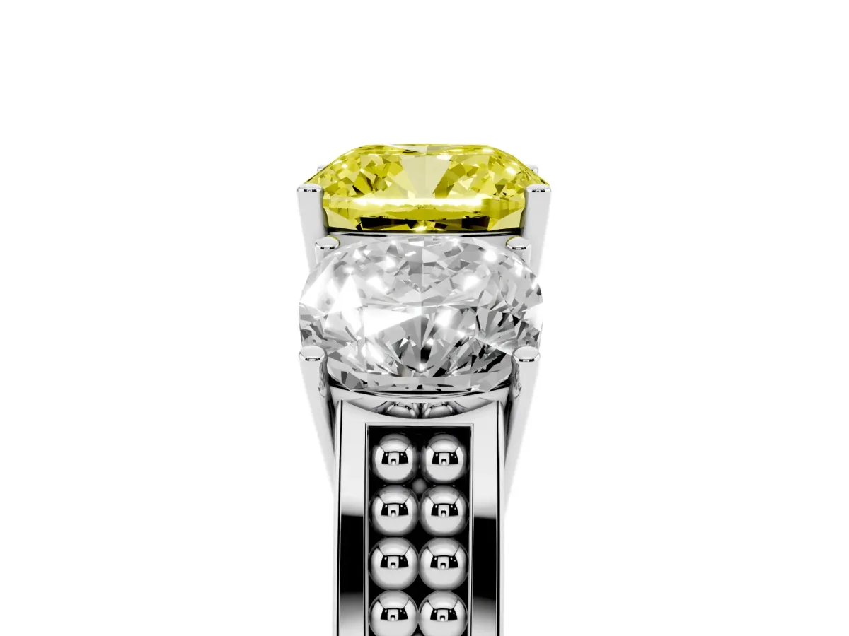 Fancy Yellow Cushion Cut Diamond Three-Stone Ring with Prong Setting and Textured Band Silver