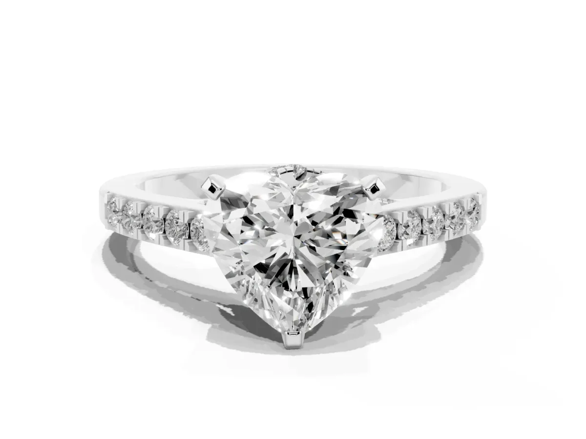 Heart Cut Diamond Solitaire Ring with Crossover Gallery and Round Pavé Band Platinum