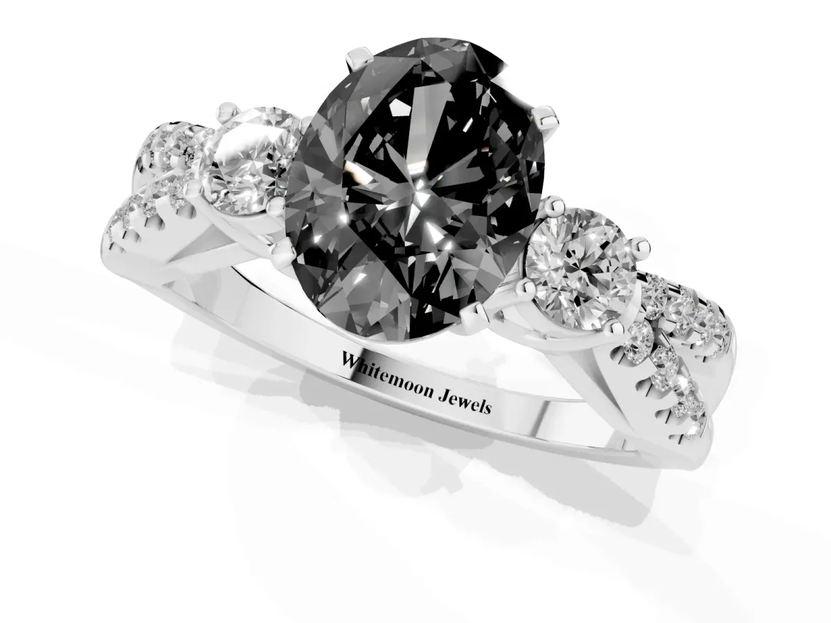Fancy Black Oval Cut Diamond Three-Stone Ring with Pavé Split Shank and Four-Prong Setting Silver