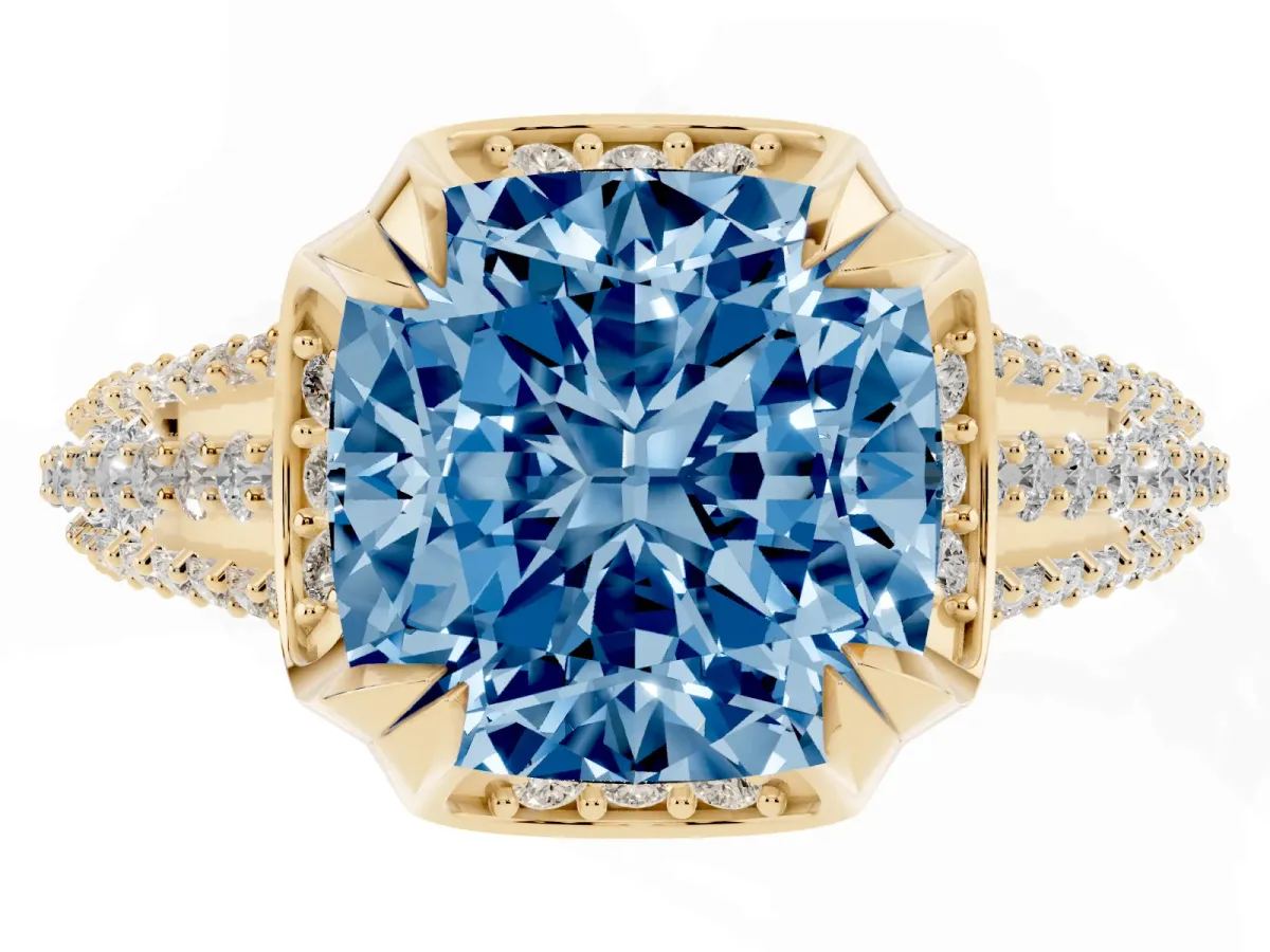 Fancy Blue Cushion Cut Solitaire Pave Split Shank Ring with Four-Prong Setting Yellow gold