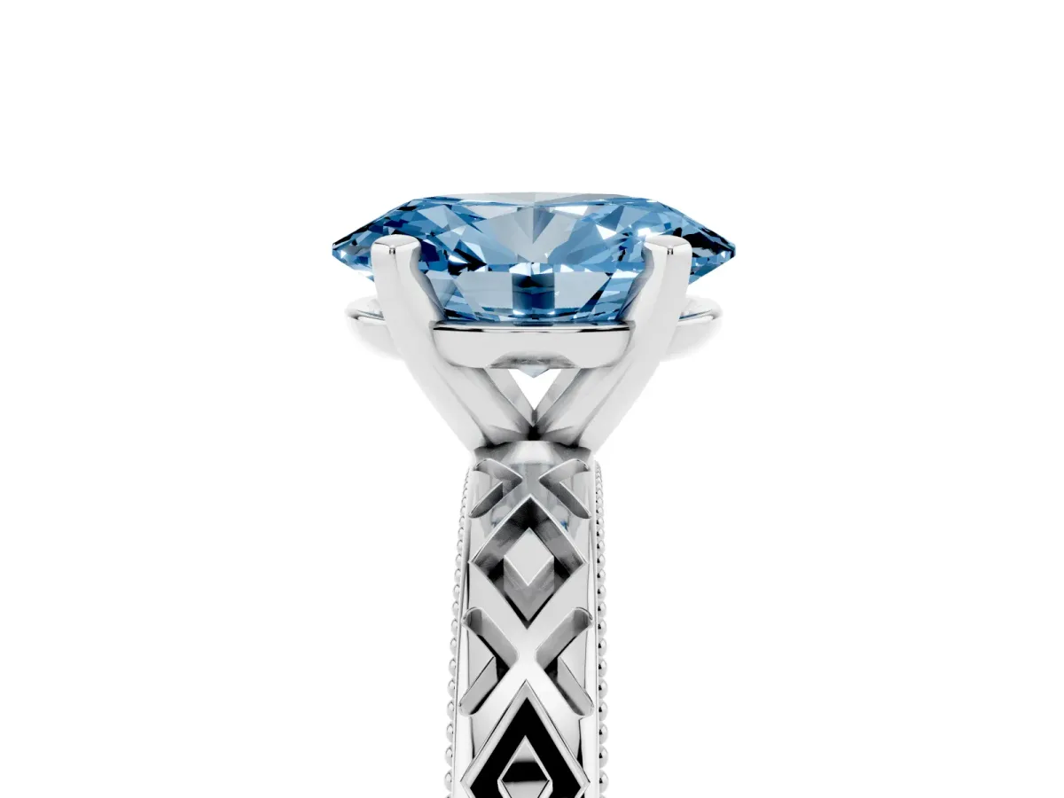 Fancy Blue Oval Cut Solitaire Diamond Ring with Milgrain and Black Enamel X Pattern Band Platinum