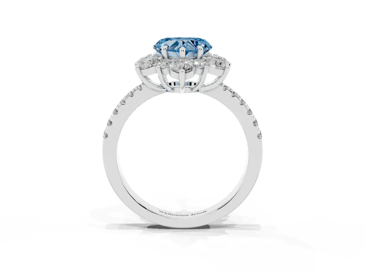 Fancy Blue Heart Cut Diamond Floral Halo Ring with Round Pavé Band and Prong Setting White gold