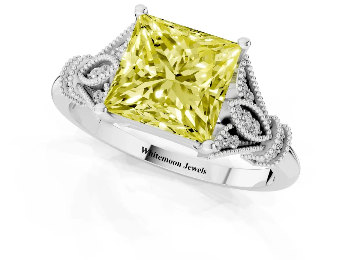 Fancy Yellow Princess Cut Diamond Solitaire Ring with Floral Filigree and Pave Accents White gold
